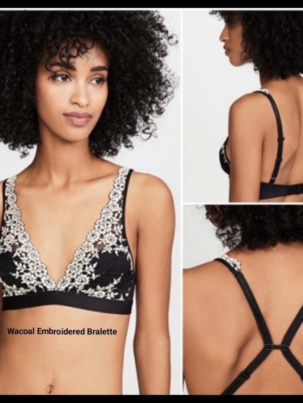 Wacoal Black Bralette Ivory Floral Embroidery Size 34 Lightweight - Picture 5 of 11